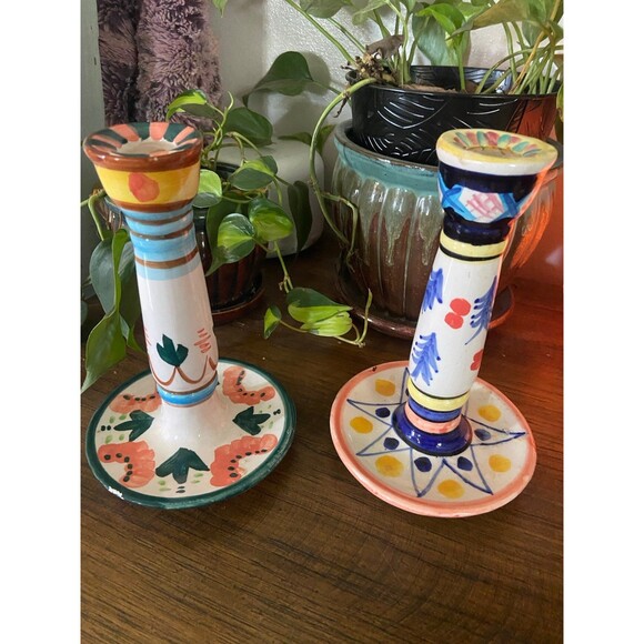 GUC Pair of unique hand painted ceramic candlestick holders - Picture 1 of 12